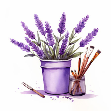 a watercolor illustration featuring paint brushes, flowers, and a brush, created in a light purple style. this artwork showcases utilitarian objects and a realistic portrait painter. the illustration is highly detailed, with intricate miniatures and colorful arrangements. it has been recognized as a contest winner. ai generatedの素材