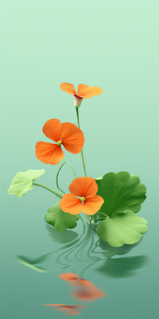 two vibrant orange flowers are showcased on a lush green surface, surrounded by delicate leaves. this stunning photo, created using vray tracing, combines charming character illustrations with a realistic yet stylized approach. the composition exudes a graceful balance, while the light azure and green hues add to its captivating beauty. perfect for scientific illustrations and admirers of natural aesthetics. ai generatedの素材