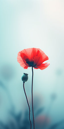 a vibrant poppy flower stands out among a cluster of purple flowers in this minimalist, monochrome photograph. the light sky-blue and light red hues create a graceful balance, while the contrasting light red and dark green add depth to the image. captured in uhd, this stunning photograph by atey ghailan showcases the beauty of nature in light cyan and light black tones. ai generatedの素材