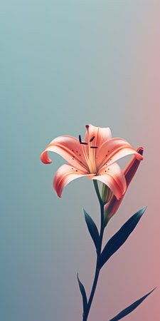 a pink lily with two pink leaves is captured in this image, showcasing a cross-processing effect that gives it a unique and vibrant appearance. the background is minimalist, allowing the focus to be on the delicate beauty of the flower. the artist, oleksandr bogomazov, has created a hyper-realistic illustration that highlights the intricate details of the lily. ai generatedの素材