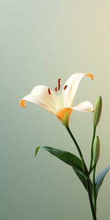 a single white lily stands out against a vibrant green background in this photorealistic rendering. the light orange hues of the flower are complemented by minimal retouching, allowing for a realistic usage of light and color. created using zbrush and employing photo-realistic techniques, the lily appears striking against the dark beige tones. ai generatedの素材