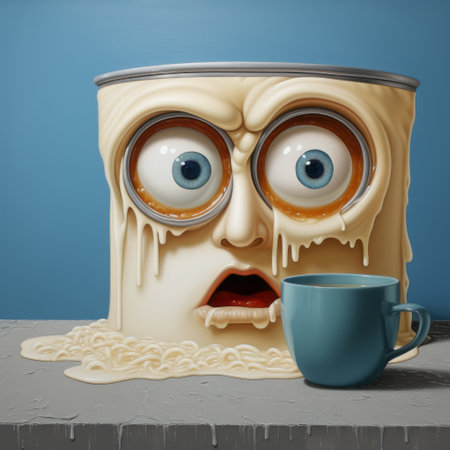 a white tin of soup sits beside a cup in this surrealistic cartoon-style photo. the photorealistic eye and detailed character expressions add depth to the image. the messy and emotive portraiture, rendered in maya, creates a unique and captivating visual. ai generatedの素材