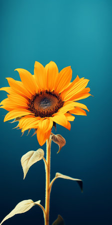 a sunflower stands tall against a vibrant blue background, showcasing the unique style of cross-processing. this uhd image captures the intricate details of the flower, with its dark orange petals and realistic rendering. a stunning still life that truly captures the beauty of nature. ai generatedの素材