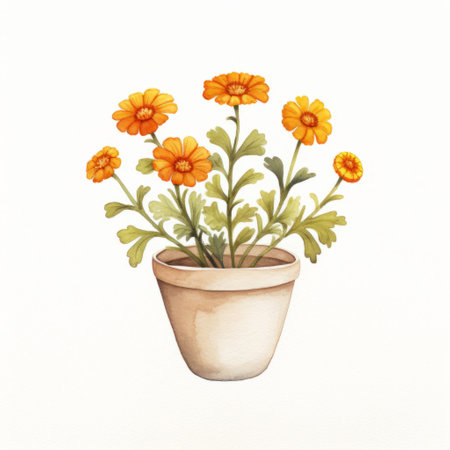 a decorative bouquet of watercolor flowers from a pot, featuring charming character illustrations in the style of light orange and yellow. created by marguerite blasingame, an architectural illustrator known for her subtle use of light and shadow. the artwork carries a humorous tone while promoting environmental awareness. ai generatedの素材