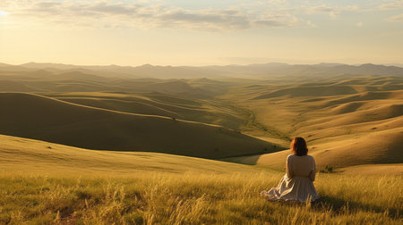 a serene landscape captured in a portrait rhythm, showcasing undulating hills of varied heights that mimic the pulse. the open grassland, bathed in soft evening light, resonates with the tranquility of a steady heart. this captivating image was taken with the canon eos rebel sl3. ai generatedの素材