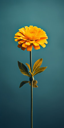 an orange flower rests gracefully on a stem against a dark background. this scanner photograph captures the essence of dansaekhwa, with its low-angle perspective and monochromatic color scheme of light turquoise and dark yellow. symbolic props in light yellow and indigo add depth to the composition. ai generatedの素材