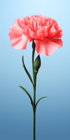 a 3d photo of a carnation flower showcasing minimal retouching and playful cartoonish illustrations. the image captures a realistic still life with dramatic lighting, highlighting the light crimson and sky-blue colors. this minimalist painter's creation features a captivating combination of dark green and pink, resulting in a breathtakingly beautiful piece. ai generatedの素材