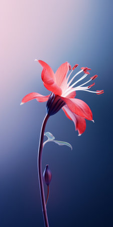 pink flower with stem on a vibrant blue background, rendered using vray tracing. the flower exhibits a translucent, light red and white color, while the background showcases a combination of light red and dark gray hues. the level of detail in the background is remarkably rich, creating a visually stunning composition. this image was created using ue5. ai generatedの素材
