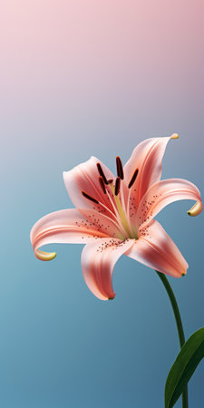 a pink lily with a rose stem is showcased on a pink background in this hyper-realistic rendering. the realistic and hyper-detailed style captures the delicate materials of the flowers, while the sparse background allows the focus to remain on the intricate portrayal of light and shadow. the dark sky-blue and light orange hues add depth and vibrancy to the composition. ai generatedの素材