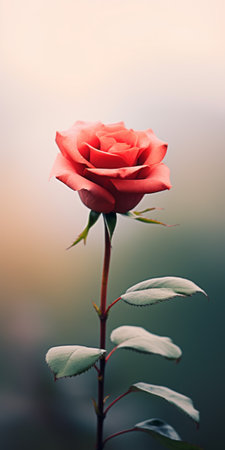 a stunning rose stem stands amidst a lush green field, its gaze fixed upon the ground. captured by john wilhelm, this uhd image showcases a realistic yet romantic scene. the monochromatic color scheme of light red and light bronze, along with a soft-focus effect, adds to the overall allure. ai generatedの素材