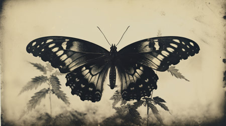 a black and white butterfly, reminiscent of vintage sepia-toned photography and 19th century american paintings, is captured against a backdrop of a mysterious jungle. the image showcases bold chromaticity and incorporates elements of nightmarish imagery and gothic references. ai generatedの素材