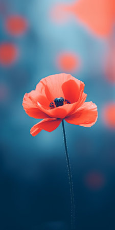 a stunning red poppy with a reflection in serene blue water, showcasing a dreamy color palette of dark sky-blue and light orange. the image captures a monochromatic color scheme, with back button focus enhancing the details. this captivating photograph exudes a poetcore aesthetic and carries spiritual symbolism. it has rightfully earned the title of contest winner. ai generatedの素材