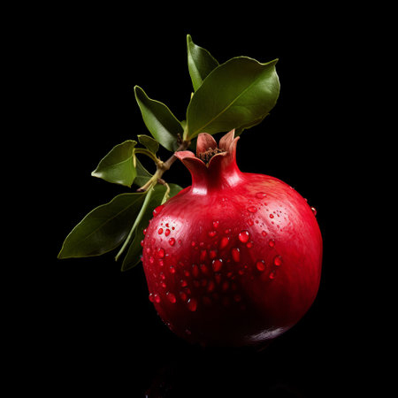a ripe red pomegranate, inspired by the iconic style of mike campau, is showcased against a black-bottomed background. this transcendent nature-themed photograph captures the wet-on-wet blending technique, highlighting the botanical accuracy of the fruit. the vibrant red and emerald hues create a visually striking image, evoking a sense of berrypunk aesthetics. ai generatedの素材