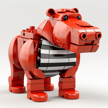 a black and white lego minifig hippo, rendered in the style of cinema4d, featuring bold colors of light red and orange. the dynamic lines and creative use of colors make this creation stand out. inspired by seth macfarlane, this lego creation is available under the creative commons attribution license. bold yet graceful, the light red hues add an extra touch of vibrancy to this uniqueの素材