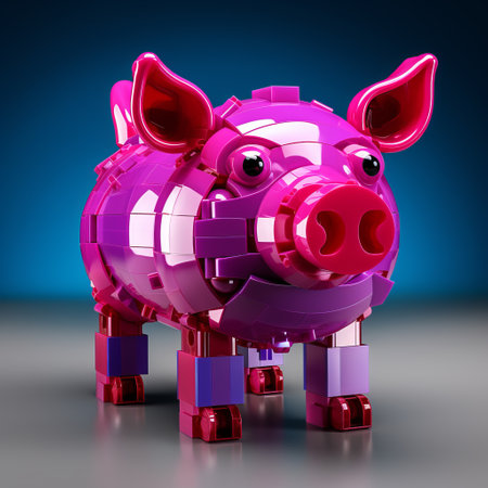 red and purple pig, showcasing a mechanized abstraction style with vibrant colors. this visually striking photo features vray tracing, combining dark pink and light azure hues. the pig's design embodies toycore aesthetics, with a high gloss finish. the image also incorporates industrial and technological subjects, highlighting a modular construction approach. ai generatedの素材