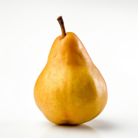 a thin green pear is showcased on a white background, featuring a dark yellow, cross-processed style with high-key lighting. the photo captures light orange and bronze tones, along with subtle tonal values. the composition highlights an elaborate fruit arrangement, with hints of light pink and light amber. ai generatedの素材