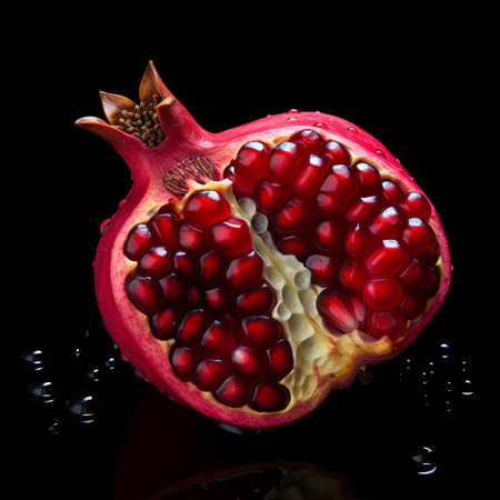 a dark crimson piece of fruit stands out against a black background in this hyperrealistic photograph. the jewish culture themes are subtly incorporated, creating a visually striking image. the fluid photography technique captures the accurate and detailed essence of the fruit, while the bold color usage adds depth and vibrancy. this uhd image showcases the artist's skill in creating hyperrealistic animal portraits. ai generatedの素材