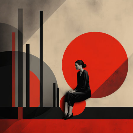 the woman, in the style of bauhaus functional design, is looking at something with a red circle. the photo captures a japanese-style landscape with digital gradient blends, reminiscent of the works progress administration (wpa) era. the image showcases a strong use of contrast and an elegant utilization of negative space, creating a visually striking tabletop photography composition. ai generatedの素材