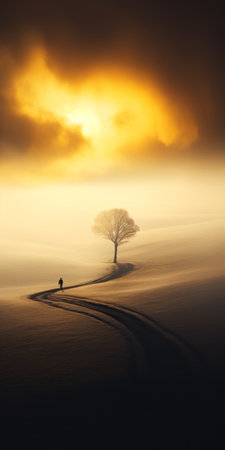 a lone tree stands tall amidst a winter wonderland, its branches adorned with a blanket of snow. this captivating photo showcases a vibrant fantasy landscape, with hues of light amber and gold. the delicately rendered english countryside scene evokes a soft and dreamy atmosphere, capturing moments in a captivating documentary style. ai generatedの素材