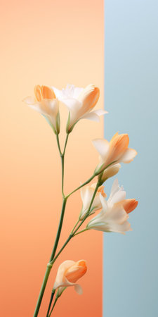 a bouquet of white and orange flowers stands elegantly against an orange background. this photorealistic rendering showcases the delicate beauty of the blooms. the light pink and light cyan hues add a touch of softness to the composition. with minimal retouching, the fine art nouveau style shines through, creating a captivating display of layered translucency and symmetrical asymmetry in delicate landscapes. ai generatedの素材