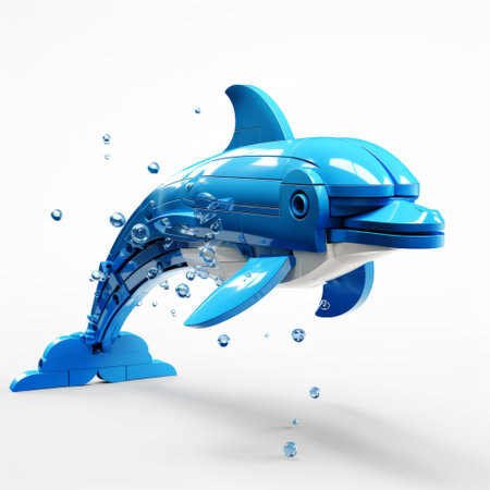 an underwater 3d model of a blue dolphin, featuring playful streamlined forms, vibrant color blocks, and water drops. this wimmelbilder-inspired design showcases elements of industrial and product design, with lively action poses and a shiny, glossy finish. ai generatedの素材