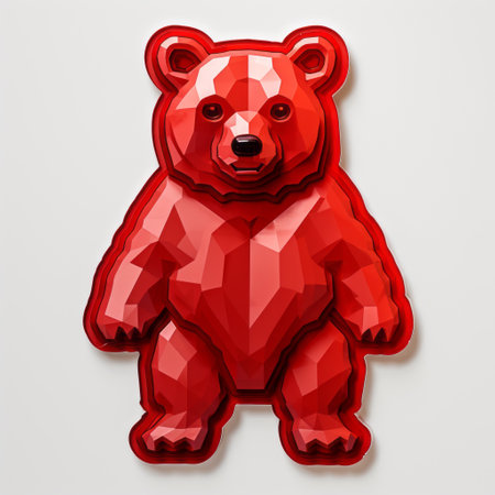 a red geometric bear sculpture is showcased against a white background. this hyperrealistic illustration-style artwork features vibrant gradients and elements of advertising art. crafted from plastic, the sculpture incorporates wimmelbilder and personal iconography, reminiscent of colorful animations. ai generatedの素材