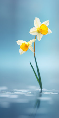 two yellow daffodils, in the style of pastel color scheme, float in water against a white background. the telephoto lens captures the graceful balance of these nature-inspired art pieces by dariusz klimczak. the colorized image showcases a light sky-blue and white palette, enhancing the beauty of the daffodils. ai generatedの素材