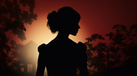 a silhouette of a woman walking in the countryside, portrayed in the style of historical fiction, is captured in this digitally enhanced maya rendering. the classic portraiture technique highlights the enigmatic tropics, with vibrant hues of crimson and amber. this captivating image by annick bouvattier evokes a sense of mystery and intrigue. ai generatedの素材