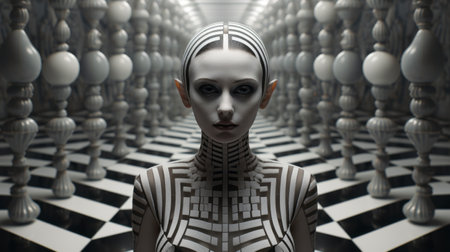 an elegantly painted lady with a captivating gaze stands in a white striped room, reminiscent of cybernetic sci-fi. the striking symmetrical patterns, rendered in cinema4d, create a highly stylized atmosphere. the imaginative prison scenes and the silver and bronze accents add depth to the composition. ai generatedの素材