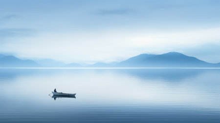 a blue boat peacefully floats on the water, embodying the essence of minimalist monochromatic landscapes. the soft and dreamy atmosphere evokes a zen-like tranquility, reminiscent of the works of kahlil gibran and sopheap pich. the boat blends harmoniously with the minimalist background, creating a serene scene inspired by scottish landscapes. ai generatedの素材