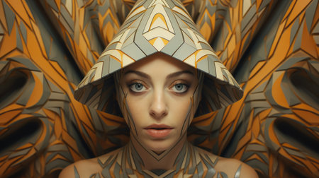a woman wearing a brown and white hat gazes confidently into the camera. the photo showcases a futuristic geometric abstraction style with striking symmetrical patterns in yellow and silver. the use of organic material and the incorporation of zbrush create a visually captivating image. the color palette features light orange and light gold tones, adding to the overall aesthetic appeal. ai generatedの素材