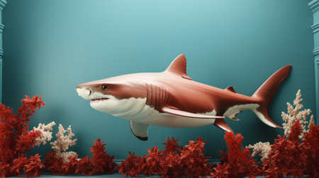 a shark gracefully swims amidst vibrant green plants in this hyperrealistic rendering. the artwork showcases a combination of light crimson and white hues, with a low resolution effect. created using bryce 3d software, the shark appears in shades of dark orange and beige, capturing a realist lifelike accuracy. the overall composition exudes a sense of dynamism and intrigue. ai generatedの素材