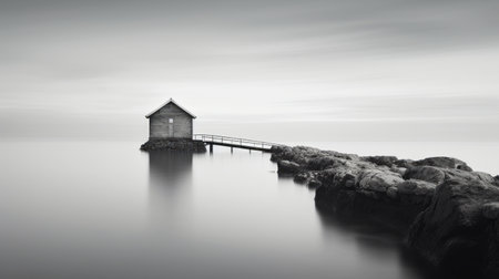a dock in minimalist monochromatic style stands in the water, surrounded by a serene and secluded setting. this long exposure photograph captures the tranquil atmosphere, enhanced by the light gray and light black tones. the image evokes a sense of fantasy and showcases the beauty of the religious building in the background. shot with a voigtlander bessa r2m camera. ai generatedの素材