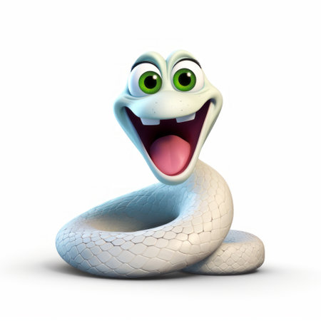 a cartoon snake with yellow eyes and a green tongue is depicted in this hyper-realistic representation. the snake is rendered in monochromatic white figures, reminiscent of disney animation. the lighthearted and lively facial expressions of the snake, along with its smooth curves, add to the overall charm of this light white and light blue artwork. ai generatedの素材