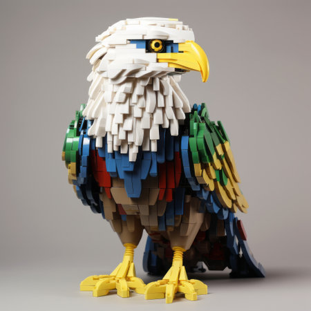 a lego eagle model, representing america's majestic bird of prey, is showcased in this photo. the model captures the essence of hyperrealistic animal portraits with its colorful minimalism and abstract colorist sculptor style. the low resolution adds a touch of the barbizon school aesthetic, while the full body of the eagle is highlighted through focus stacking techniques. ai generatedの素材