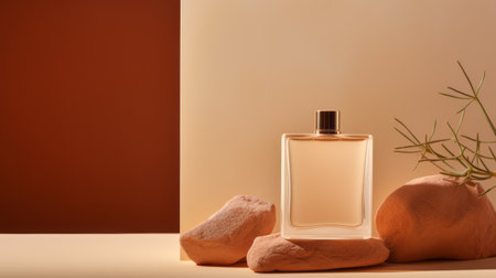 perfume bottle on the rocks at night, captured in a photography concept reminiscent of carl kleiner's light orange and light beige tones, and camille claudel's light maroon and beige hues. the image exudes a crisp and clean look, inspired by duccio, with a touch of desertwave aesthetic. ai generatedの素材