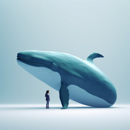 a man stands beside a massive whale, showcasing lifelike renderings and precisionism influence. the image captures psychological depth in characters, with a color palette of light cyan and navy. with its 8k resolution, this picture resembles illustrations found in children's books, featuring lifelike figures. ai generatedの素材