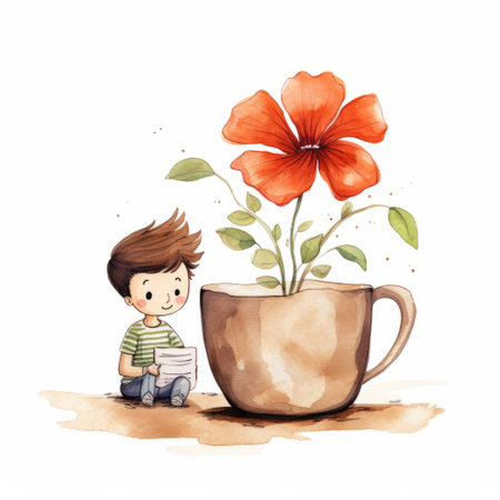 a boy sits near a flower and a cup in this watercolor-style illustration. the innovative page design showcases vibrant red and brown hues, perfect for children's book illustrations. this uhd image by tumblewave captures the essence of engineering, construction, and design. ai generatedの素材
