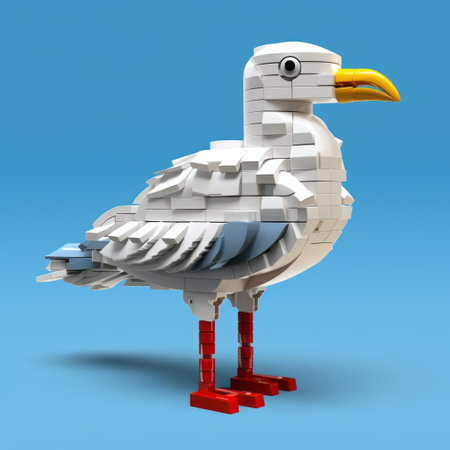 a lego seagull skeleton, inspired by digital constructivism, showcases clean lines and pure forms. this uhd image, reminiscent of the works of robert munsch and matthias haker, features symbolic elements and was created using cad (computer aided design) techniques. ai generatedの素材