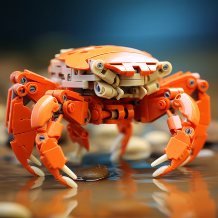 a lego crab, in the style of vray tracing, holds a ball in its mouth. this hyperrealistic wildlife portrait showcases mechanized abstraction with an orange color palette. the image is captured using an intel core processor and a konica auto s3 camera. ai generatedの素材