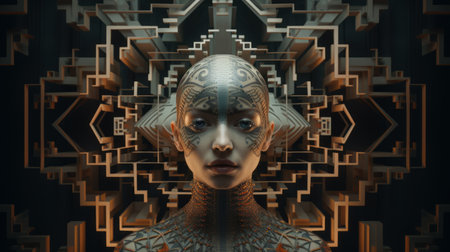 a digital female figure, created using triangular shapes, showcases intricate architectural elements. this visually stunning artwork, inspired by the cubist movement, features a combination of silver and orange tones. the use of vray tracing technology by artist anton semenov brings out the intricate details of the image, which includes columns and totems. this high-resolution uhd image is a captivating blend of digital art and architecturalの素材