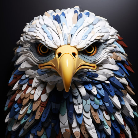 a bald eagle, depicted in vibrant colors, showcases a unique paper sculpture style in this captivating photo. created using cinema4d, the image features fragmented icons and a strong facial expression. crafted from rubber, the eagle's eye-catching appearance is enhanced by contrasting shades of dark white and dark blue. ai generatedの素材