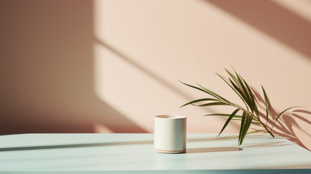 a vase with a plant sits on a table, showcasing the color field minimalism style of mike campau. the soft pastel skies create a serene atmosphere, while the juxtaposition of light and shadow adds depth. this composition beautifully combines the intel core theme with pink and beige tones, reminiscent of norman foster's aesthetic. ai generatedの素材