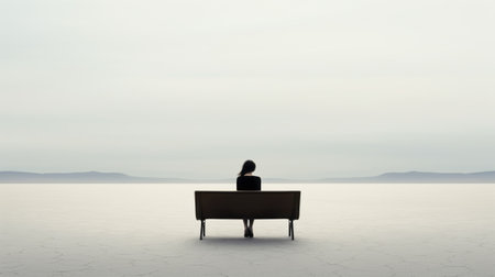 a silhouette of a woman sitting on a bench in the desert, captured in the style of conceptual minimalism. the image exudes a cold and detached atmosphere, while also evoking a confessional tone. shot with a konica big mini camera, this photograph embodies the essence of human connection and japanese minimalism, emphasizing the importance of emotions over reality. ai generatedの素材