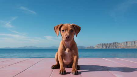 a brown dog peacefully rests on a vibrant pink surface, resembling serene seas and skies. the photo showcases the use of vray tracing, resulting in a realistic depiction of blue skies. the zeiss batis 18mm f2.8 lens captures the details of the highly polished surfaces. the color palette includes light red and light blue tones, creating a harmonious composition. ai generatedの素材