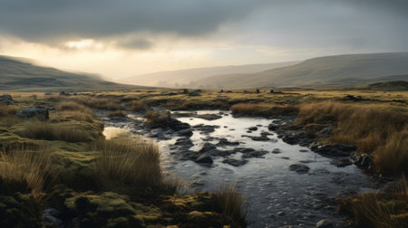a photo of the birney valley waterfall in the lake district, captured in the style of moody tonalism. this photo showcases a photo-realistic landscape with layered and atmospheric elements. the serene pastoral scene is bathed in golden light, creating a captivating rural subject matter. the photographer, peter basch, beautifully captures the essence of this picturesque waterfall. ai generatedの素材