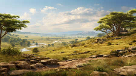 a serene pastoral landscape captured in a photo, featuring a grassy path winding behind small trees. this picturesque scene, reminiscent of storybook illustrations and national geographic photos, showcases the beauty of nature. rendered in the style of cinema4d, the image exudes a sense of tranquility and showcases the artistic prowess of the congo. the xbox 360 graphics add a touch of modernity to this enchantingの素材