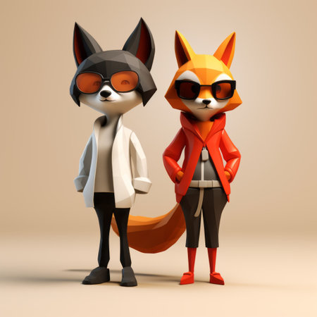 two 3d rendered cartoon foxes wearing glasses are depicted in this image. the style of the illustration is inspired by normcore, with youthful protagonists and a warm tonal range. the artwork draws influences from artists like alex schomburg and ken sugimori, showcasing bold character designs and elements of industrial design. ai generatedの素材