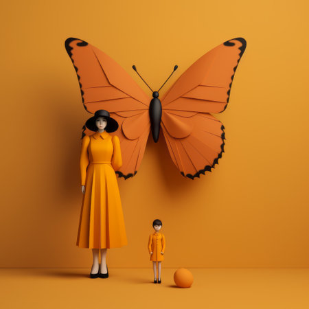 an orange background sets the vibrant tone for this photo featuring a woman standing next to a butterfly. the conceptual sculptures style, reminiscent of childlike illustrations found in children's books, adds a whimsical touch. the minimalistic composition, inspired by the works of sacha goldberger, creates a visually striking image. shot with a konica big mini camera and enhanced with daz3d software. ai generatedの素材