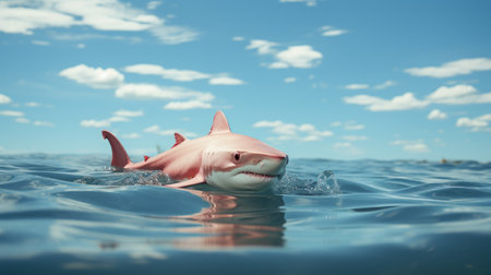 a toy shark swimming in water, rendered in a photorealistic style using unreal engine. the shark is light pink in color and appears incredibly realistic, with detailed textures and shading. the background showcases a beautiful blue sky, creating a sense of depth. the overall illustration is a stunning example of hyper-realistic animal renderings. ai generatedの素材